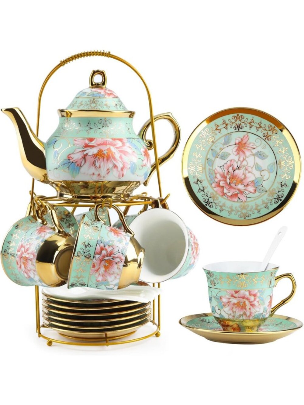 Elegant 20-Piece Porcelain Tea Set with Metal Holder & Spoons, Floral Design